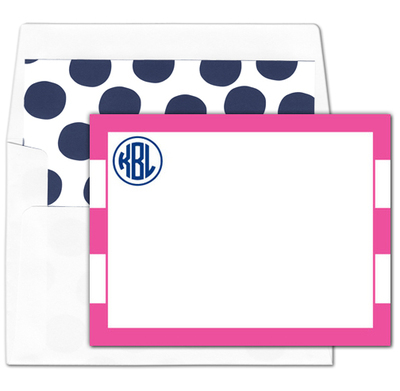 Shocking Pink Stripe Monogram Flat Note Cards